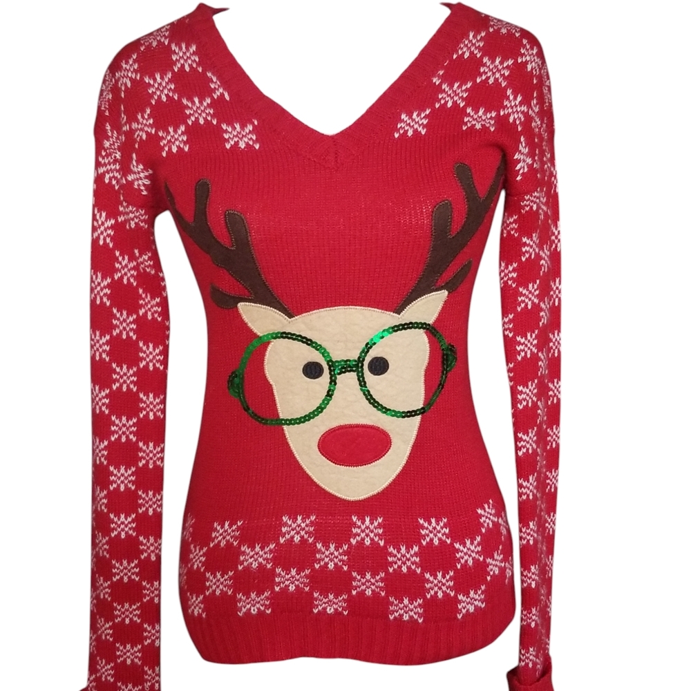 Festive Red Reindeer V-Neck Sweater